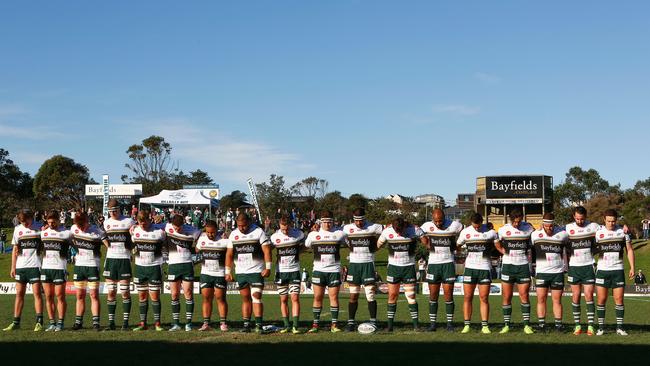 The Warringah Rats pay tribute to clubmate Lachlan Ward before Saturday’s game with Penrith. Picture: Karen Watson.