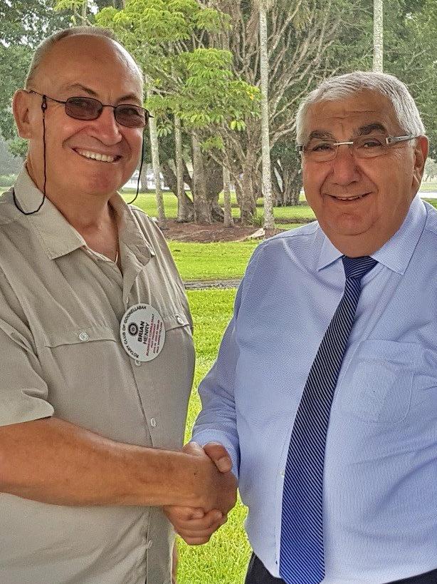 Former Lismore MP Thomas George congratulates Rotary Club of Goonellabah member Brian Henry on Kadina Park funding.