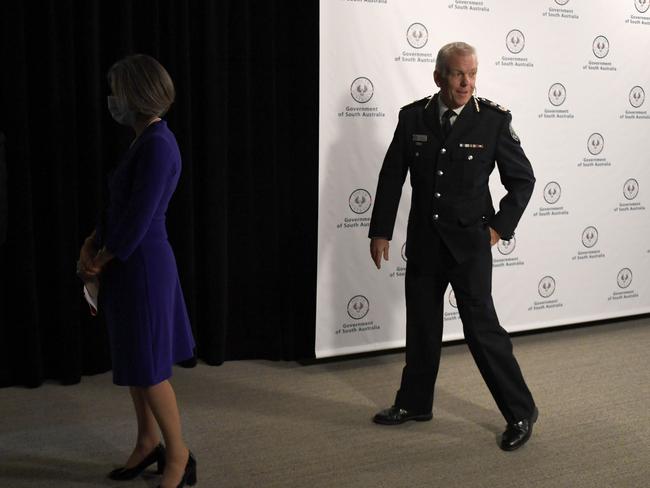 Professor Nicola Spurrier and Police Commissioner Grant Stevens address the media announcing changes to the close contact rule. Picture: Tricia Watkinson