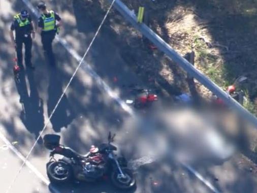 Overhead view of the motorcycle crash that killed a man on the Great Ocean Road. Picture: 9News
