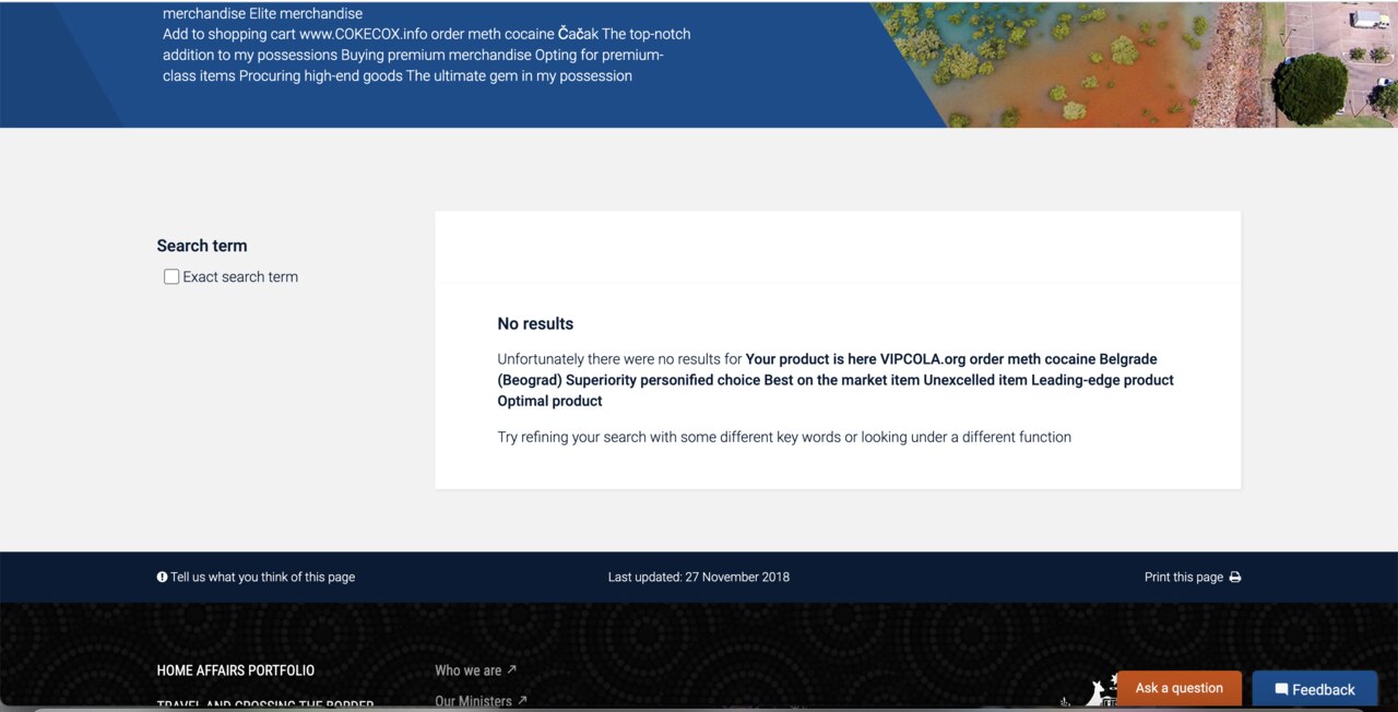 Screenshots of the Department of Home Affairs website displaying advertisements for illegal contraband.
