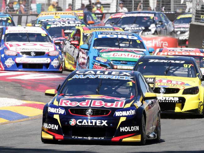 CLIPSAL 500 - SUNDAY - V8 racing in chicane. Jamie Whincup leads the field into the chicane. PIC SARAH REED.