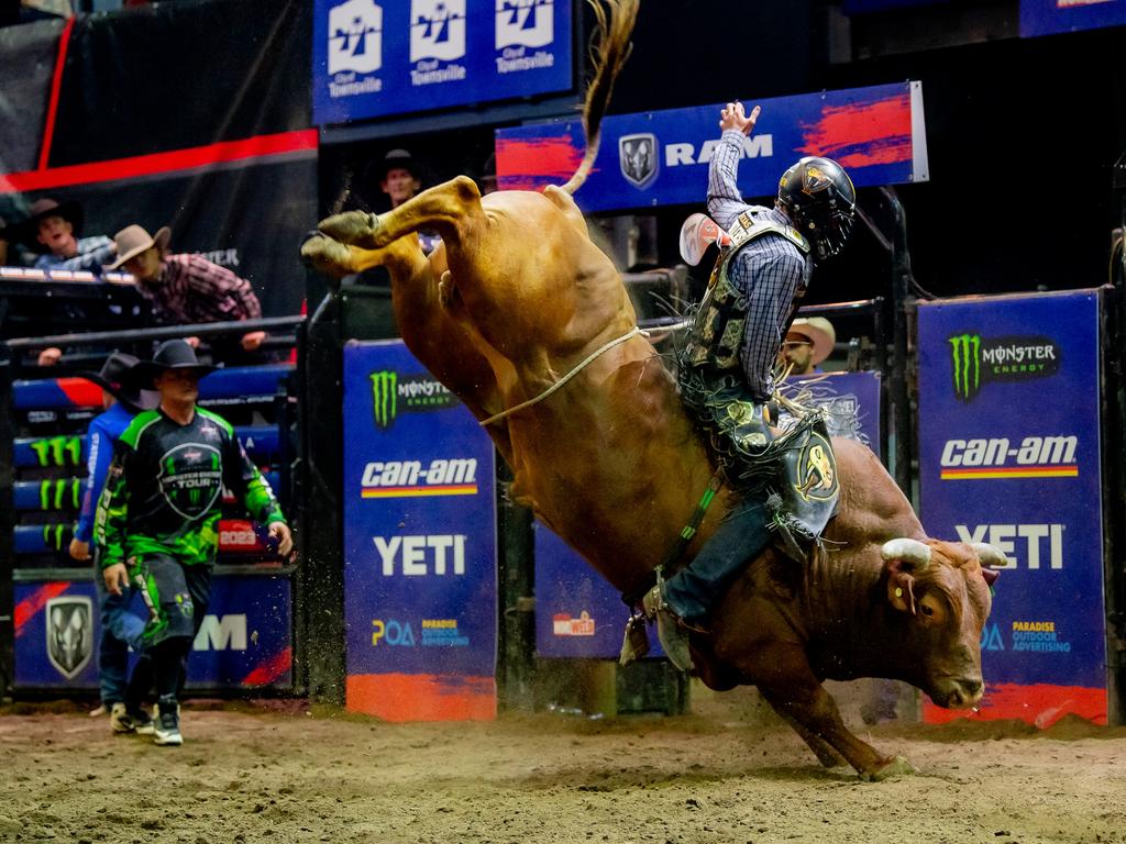 Clermont Cowboy Brady Fielder in action. Picture: David Lobwein/Pro Bull Riding Australia