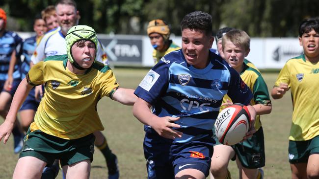 Action galleries of the junior rugby union grand finals, match played at Surfers Paradise Home Ground. Helensvale Hogs Vs Surfers Paradise Dolphins under 13s division. Picture Mike Batterham