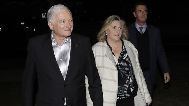 Nick Greiner, left, National Liberal Party President, Holly Hughes, centre, and Gary Spence, the LNP QLD President, right, arrive at a dinner last night at the Ottomon restaurant in Canberra. Picture: Sean Davey