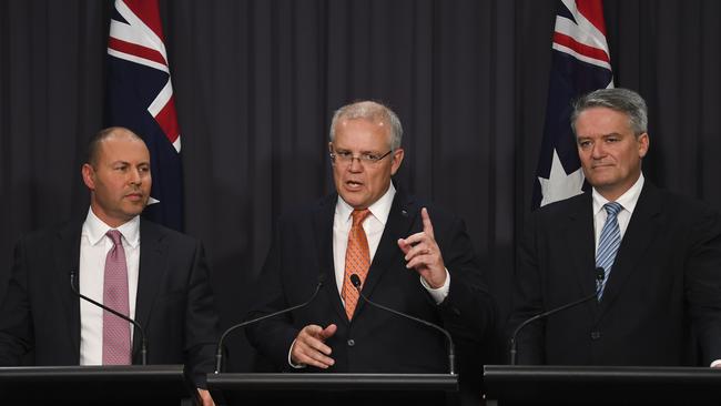 Australian Federal Treasurer Josh Frydenberg, Prime Minister Scott Morrison and Finance Minister Mathias Cormann. Picture: Lukas Coch/AAP