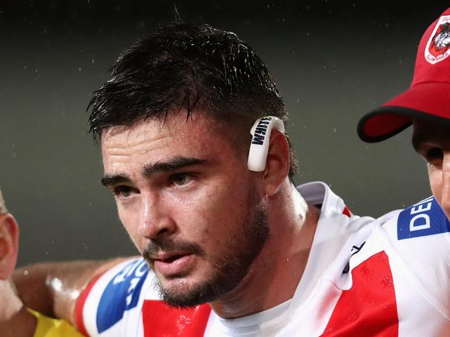 SYDNEY, AUSTRALIA - JULY 22: Cody Ramsey of the Dragons is assisted from the field after injuring his knee during the round 19 NRL match between the St George Illawarra Dragons and the Manly Warringah Sea Eagles at Netstrata Jubilee Stadium, on July 22, 2022, in Sydney, Australia. (Photo by Jason McCawley/Getty Images)