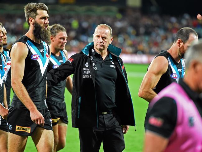 08/04/17 - Showdown 42: Port Adelaide v Adelaide at Adelaide Oval. Power coach Ken Hinkley with player Justin Westhoff after the game.Picture: Tom Huntley