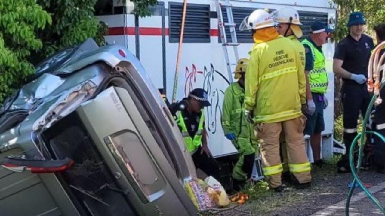 A rescue helicopter was called to the scene of a serious crash on the Sunshine Coast where a man has suffered serious injuries and was trapped inside a vehicle after a horse truck and car collided.