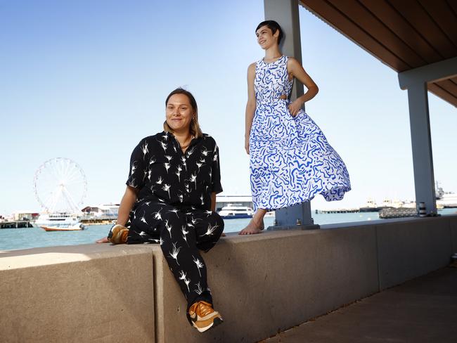 Australian artist Lucy Simpson of Gaawaa Miyay and model Savannah Kruger. Savannah is wearing a JAG/Gaawaa Miyay design that will be shown at the Darwin Aboriginal Art Fair. Picture: Richard Dobson