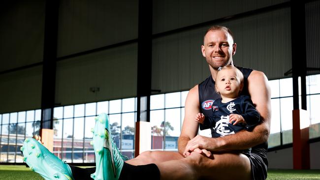 Sam Docherty with his daughter Ruby, who recently celebrated her first birthday. Picture: Dylan Burns/AFL Photos.