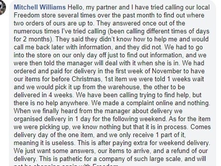 Freedom Furniture customers have been left outraged after experiencing significant delays in receiving their ordered goods.