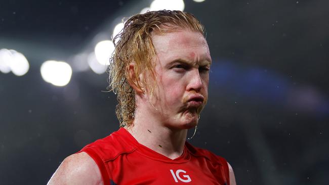 ADELAIDE, AUSTRALIA - APRIL 15: Clayton Oliver of the Demons leaves the field after a loss during the 2023 AFL Round 05 match between the Essendon Bombers and the Melbourne Demons at Adelaide Oval on April 15, 2023 in Adelaide, Australia. (Photo by Dylan Burns/AFL Photos via Getty Images)