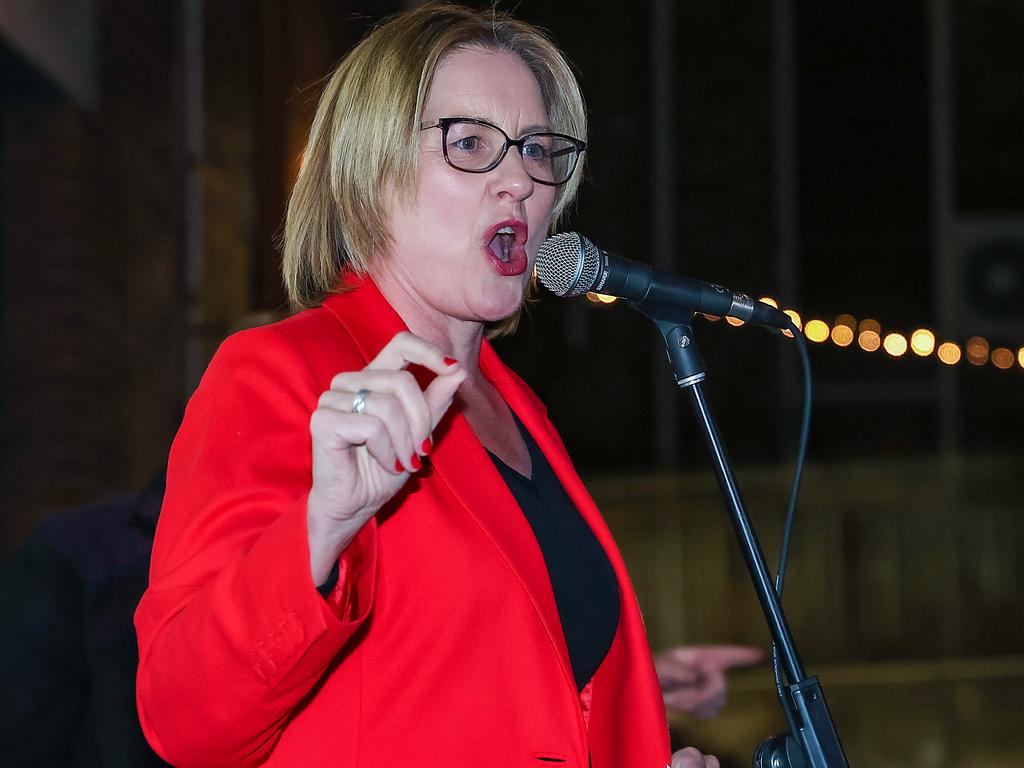 Premier Jacinta Allan with the Labor faithful at Trades Hall in Carlton on federal election night. Picture: Ian Currie