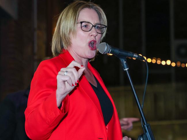 Premier Jacinta Allan with the Labor faithful at Trades Hall in Carlton on federal election night. Picture: Ian Currie