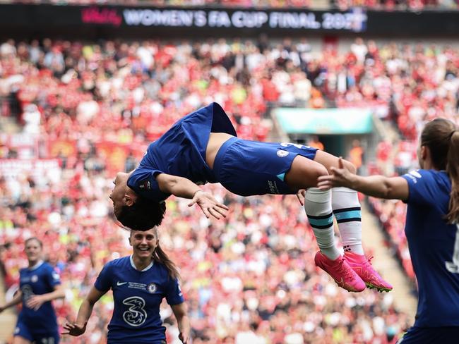 Sam Kerr celebrates after scoring for Chelsea at Wembley. Picture: Ryan Pierse / Getty Images