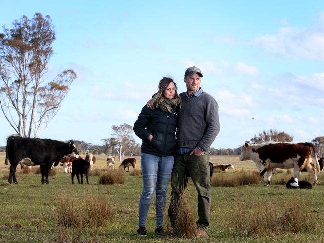 Anthony and Sarah Snow on their farm in Bengwarden, East Gippsland, where there  has been minimal autumn and winter rain. Picture: David Geraghty