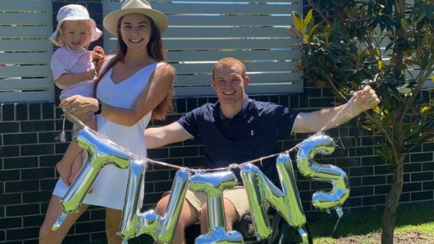 Teigan and Alex with Harriet announcing they were having twins. The couple remain close as they raise the now four-year-old Harriet and the girls, Audrey and Violet, who turn two on Wednesday.