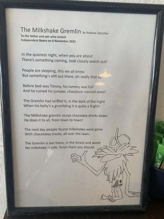 'The Milkshake Gremlin' written by Andrew Zatschler at Independant Beans Cafe in Kirwan