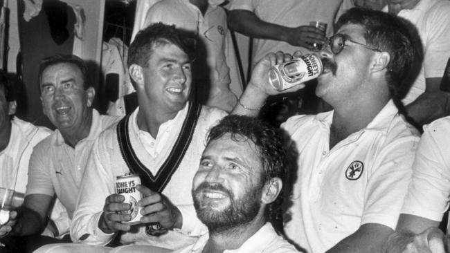 Geoff Marsh and David Boon celebrate a win over the West Indies, fully clothed this time.