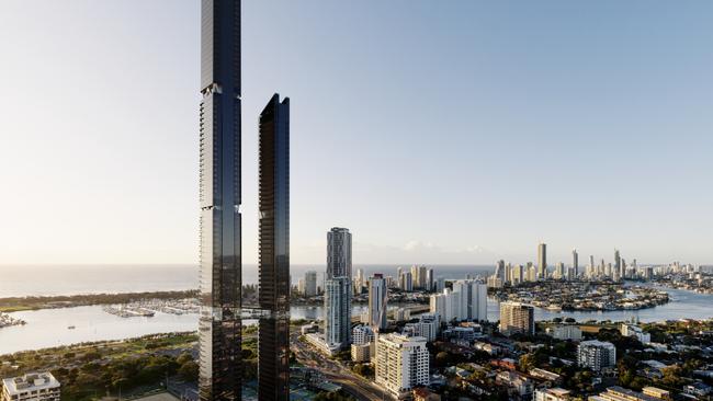 Artist impression of a proposed $400m, 100-storey two tower project planned for 1 Park Lane, Southport on the Gold Coast. Picture: Supplied.