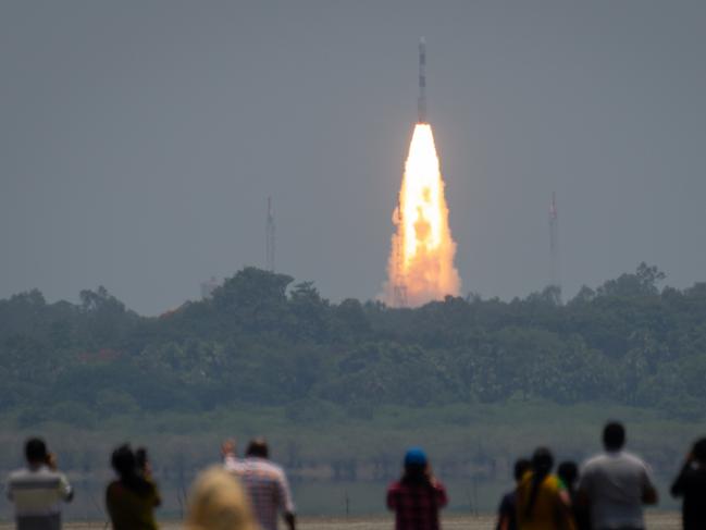 SRIHARIKOTA, INDIA - SEPTEMBER 02: People watch the Indian Space Research OrganisationÃ¢â¬â¢s (ISRO) PSLV-C57 rocket carrying the Aditya-L1 solar mission lift off from the Satish Dhawan Space Centre (SDSC-SHAR) on September 02, 2023 in Sriharikota, India. Aditya-L1 is the first space based Indian mission to study the Sun. (Photo by Abhishek Chinnappa/Getty Images) *** BESTPIX ***