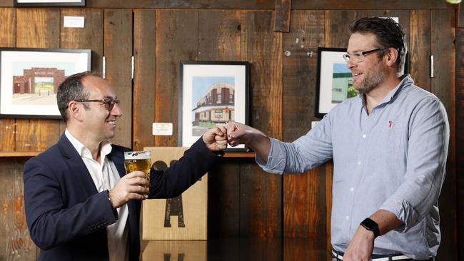 Clubs NSW CEO Josh Landis (left) and Batch Brewing Company owner Andrew Fineran at the brewery in Marrickville. Picture: Jonathan Ng