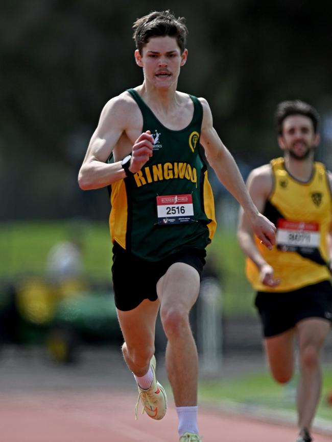 Frazer Parker wins a 200m heat during the Athletics Victoria Shield League at Knox Athletics Track. in Knoxfield, Saturday, Oct. 8, 2022. Picture: Andy Brownbill