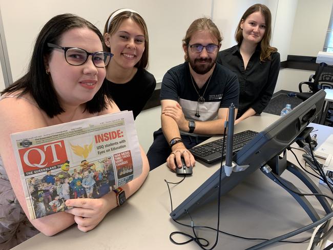 USQ Journalism students (from left) Keeley Miller, Anna Guerarra-Adams, Kimberley Hanson-Ross and Riley Condrick have been learning from the history of the Queensland Times as part of their studies.