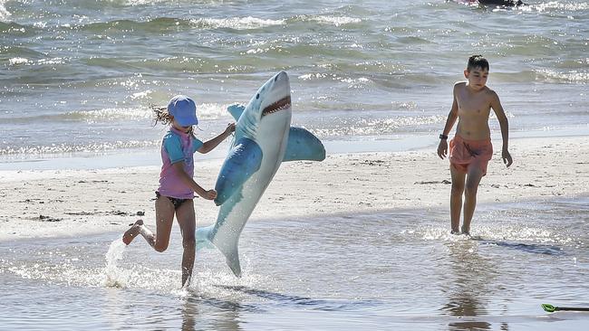 A young girl plays on the beach with an inflatable shark after the earlier sighting of a real shark. Picture: David Caird