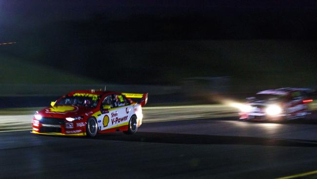 Penske Supercars driver Fabian Coulthard undertakes a night racing test at Sydney Motorsport Park at Eastern Creek. Pictures: Mark Horsbrough