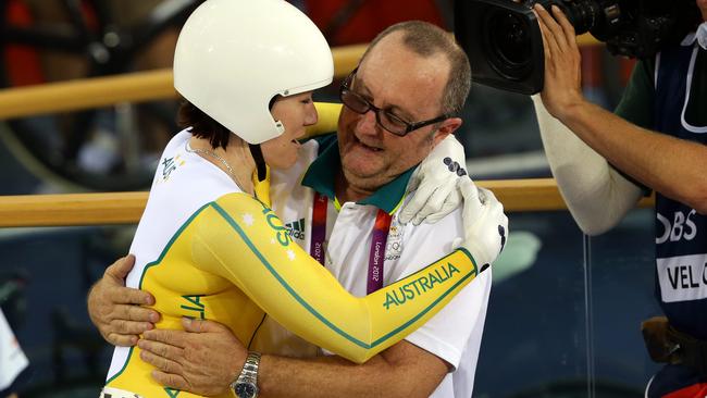 Anna Meares cries tears of joy with coach Gary West after winning Olympic gold in London in 2012.