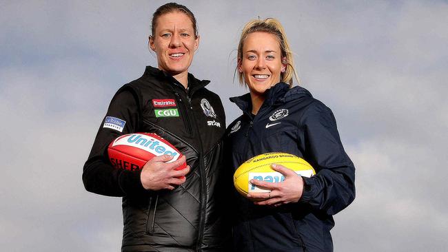 Collingwood can sign Meg Hutchins (left) for its women’s league team as she already works at the club. Picture: Andrew Tauber