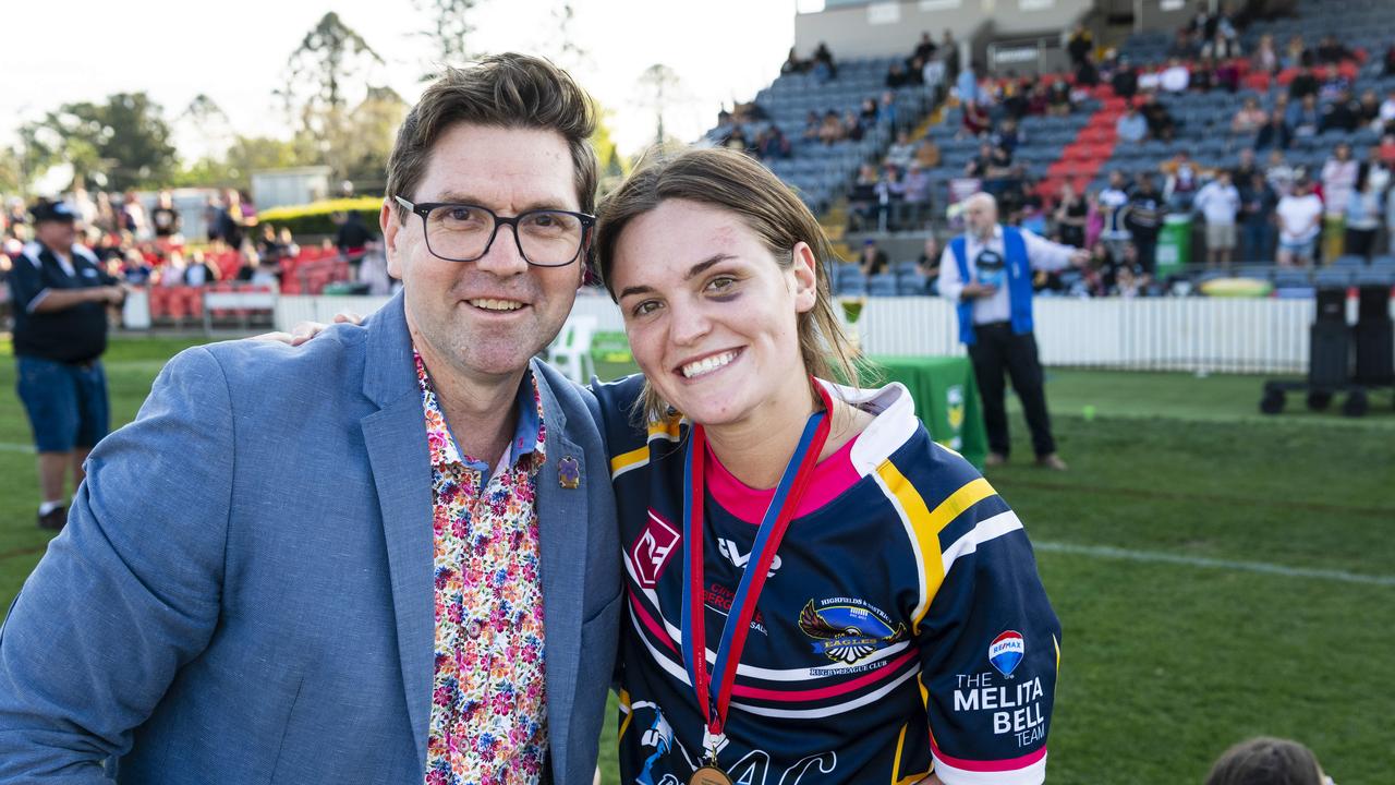 Geoff McDonald with niece Highfields Women Premiership winner player Jess Fitzgibbons after the TRL Women grand final rugby league at Toowoomba Sports Ground, Saturday, September 14, 2024. Picture: Kevin Farmer