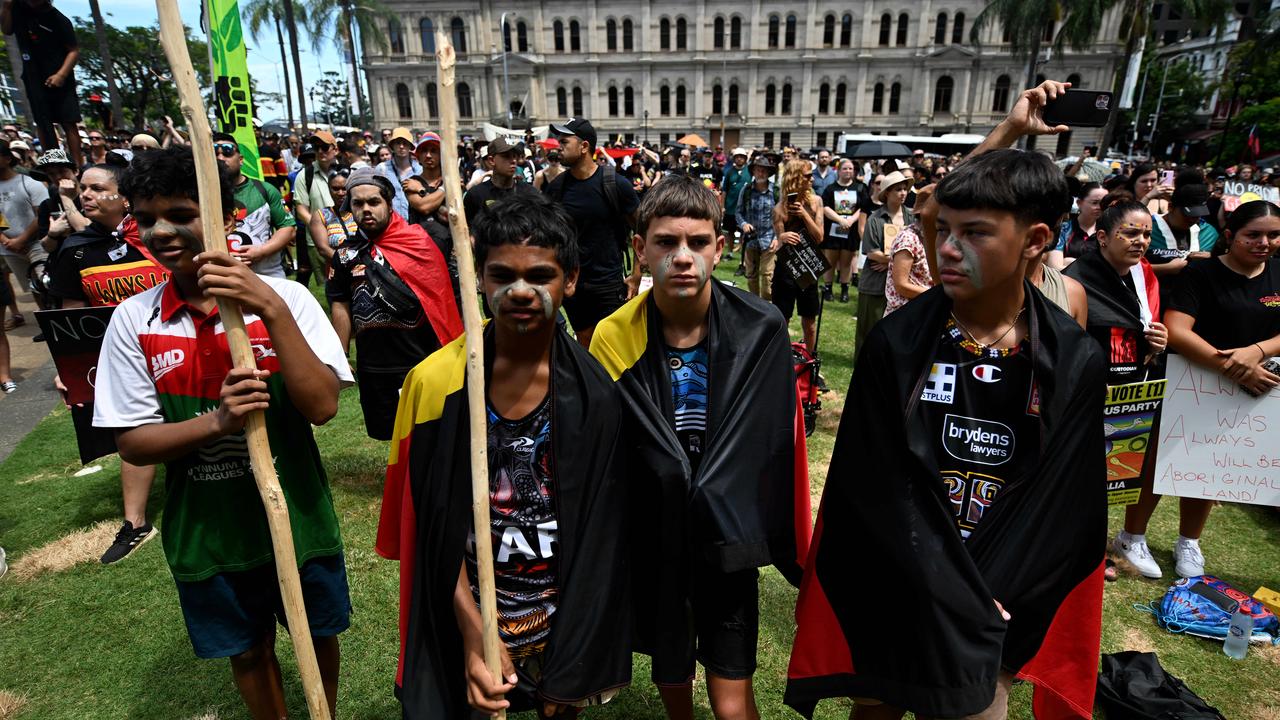 Protesters take part in an Invasion Day rally and march in Brisbane, coinciding with Australia Day. Picture: NCA Newswire / Dan Peled