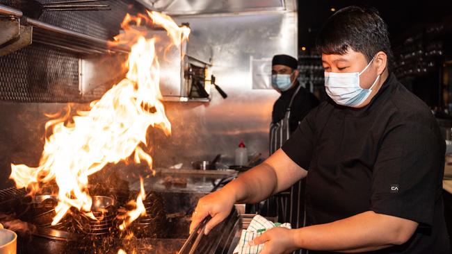 Head chef joy Bernal fires up some eggplant ragu at Lusso Tapas. Picture: Monique Harmer