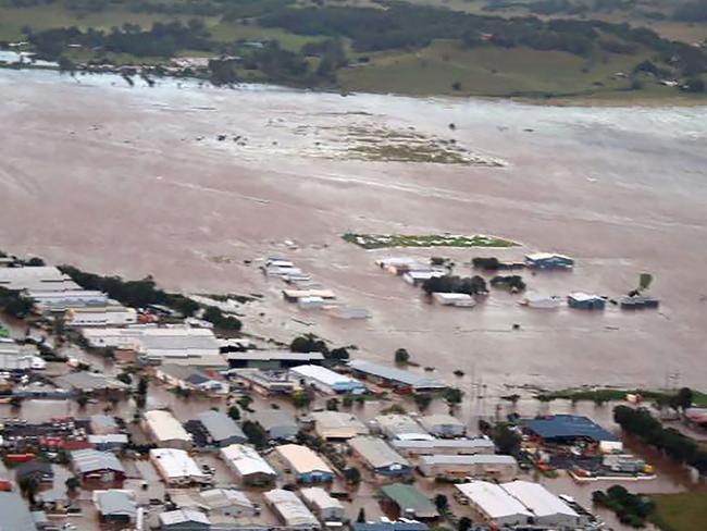 An aerial view of the flooding in the northern New South Wales town of Lismore after the area was hit by Cyclone Debbie. Picture: Rotorwing helicopters/AFP Photo