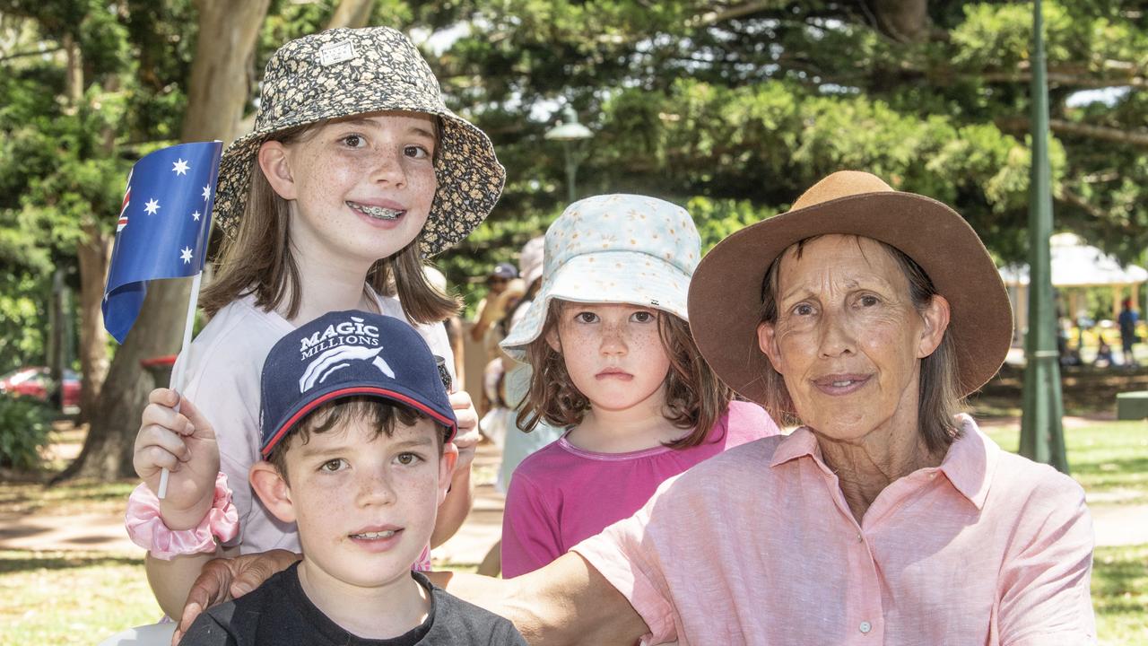 (from left) Lucy, Michael and Annabelle McCabe with their grandmother Trish Muller. Australia Day celebrations at Picnic Point in Toowoomba. Thursday, January 26, 2023. Picture: Nev Madsen.