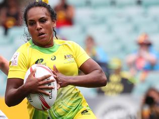 Australia's Mahalia Murphy scores a try during the HSBC World Rugby Women's Sevens Series Australia v Brazil pool match at Allianz Stadium, Sydney. Picture: Brett Costello