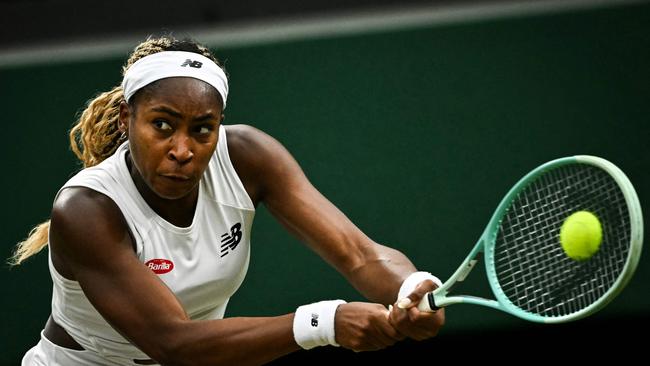 US player Coco Gauff returns the ball to Britain's Sonay Kartal. (Photo by Ben Stansall / AFP) / RESTRICTED TO EDITORIAL USE