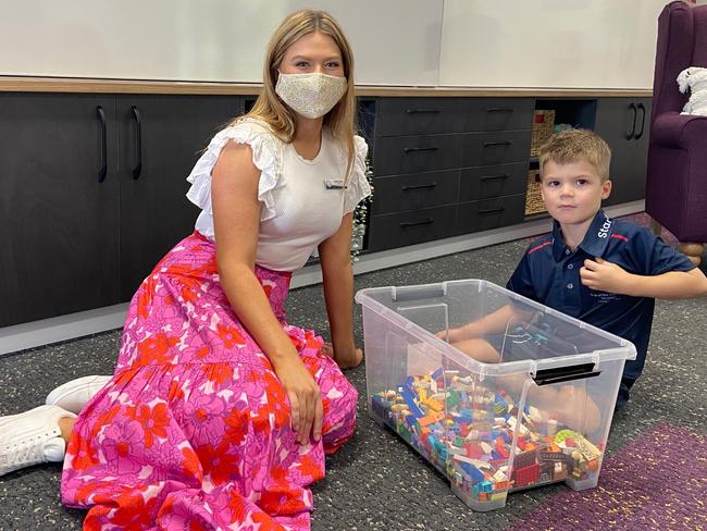 Star of the Sea School student Peyton Eslick checks out the classroom Lego stash with his new prep teacher Miss Maddi Ward.