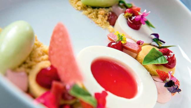 Rhubarb with panna cotta and an intriguing cucumber sorbet. Picture: Stefan Postles