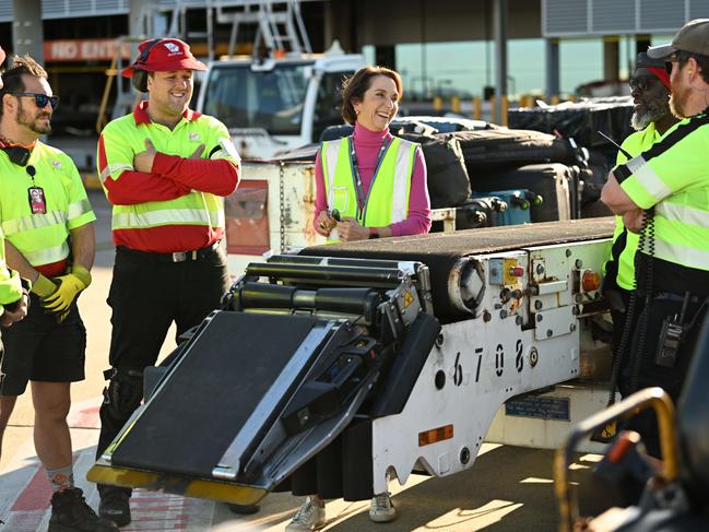 09/06/2022 : Virgin Australia chief executive Jayne Hrdlicka, talks to ground staff airside at Brisbane Airport, Brisbane. Lyndon Mechielsen/The Australian