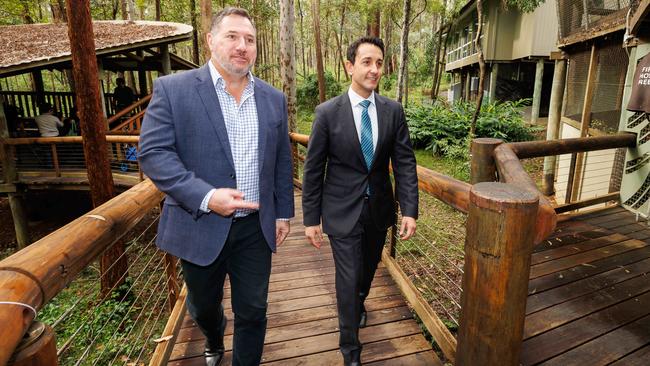 Minister for Tourism Andrew Powell and Premier David Crisafulli at Daisy Hill Koala Centre on Sunday morning. Picture Lachie Millard