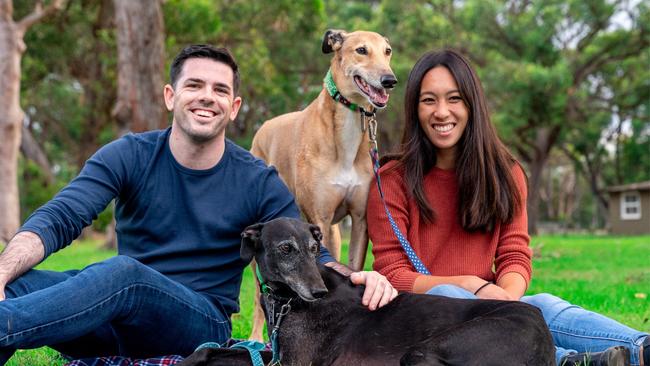 Matt Woods and partner Karmen Fong with Millie (dark coloured) and Diesel (light coloured). Picture: Dr Keefe Tay of Furry Munchkins Photography