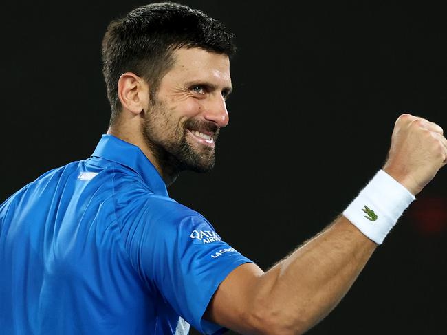 MELBOURNE, AUSTRALIA - JANUARY 15: Novak Djokovic of Serbia celebrates winning against Jaime Faria of Portugal in the Men's Singles Second Round match during day four of the 2025 Australian Open at Melbourne Park on January 15, 2025 in Melbourne, Australia. (Photo by Clive Brunskill/Getty Images)