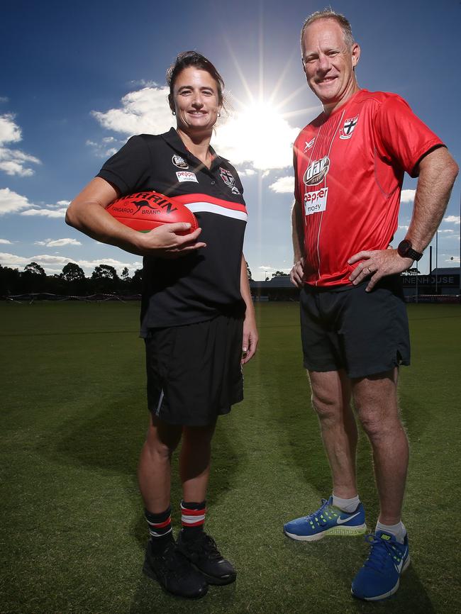 St Kilda AFLW coach Peta Searle and assistant coach Nathan Burke. Picture: Michael Klein