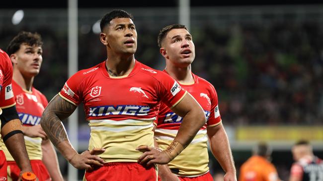 PERTH, AUSTRALIA - AUGUST 02: Jamayne Isaako of the Dolphins looks at the big screen during the round 22 NRL match between Dolphins and Sydney Roosters at HBF Park, on August 02, 2024, in Perth, Australia. (Photo by Janelle St Pierre/Getty Images)