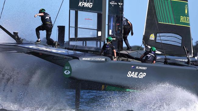 The crew of SailGP team Australia competes during the final race of the Sail Grand Prix event on Sydney Harbour on February 25, 2024. (Photo by DAVID GRAY / AFP) / -- IMAGE RESTRICTED TO EDITORIAL USE - STRICTLY NO COMMERCIAL USE --