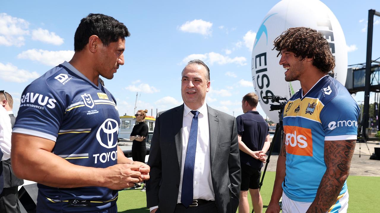 ARL chairman Peter V'landys with Cowboys captain Jason Taumalolo and the Titans’ Kevin Proctor. Picture: Cameron Spencer/Getty Images